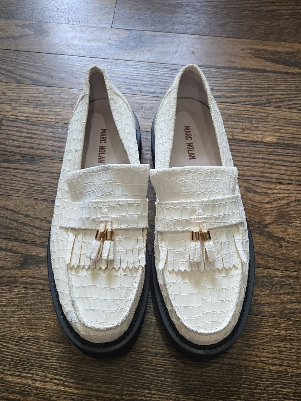 Marc Nolan Journey Croco Embossed White Sheepskin Lug Tassel Loafer Kiltie Sz 10